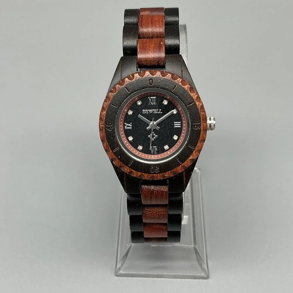 Bewell Womens Watch 31mm Black Dial Wood Bracelet Handcrafted New Battery 7.25